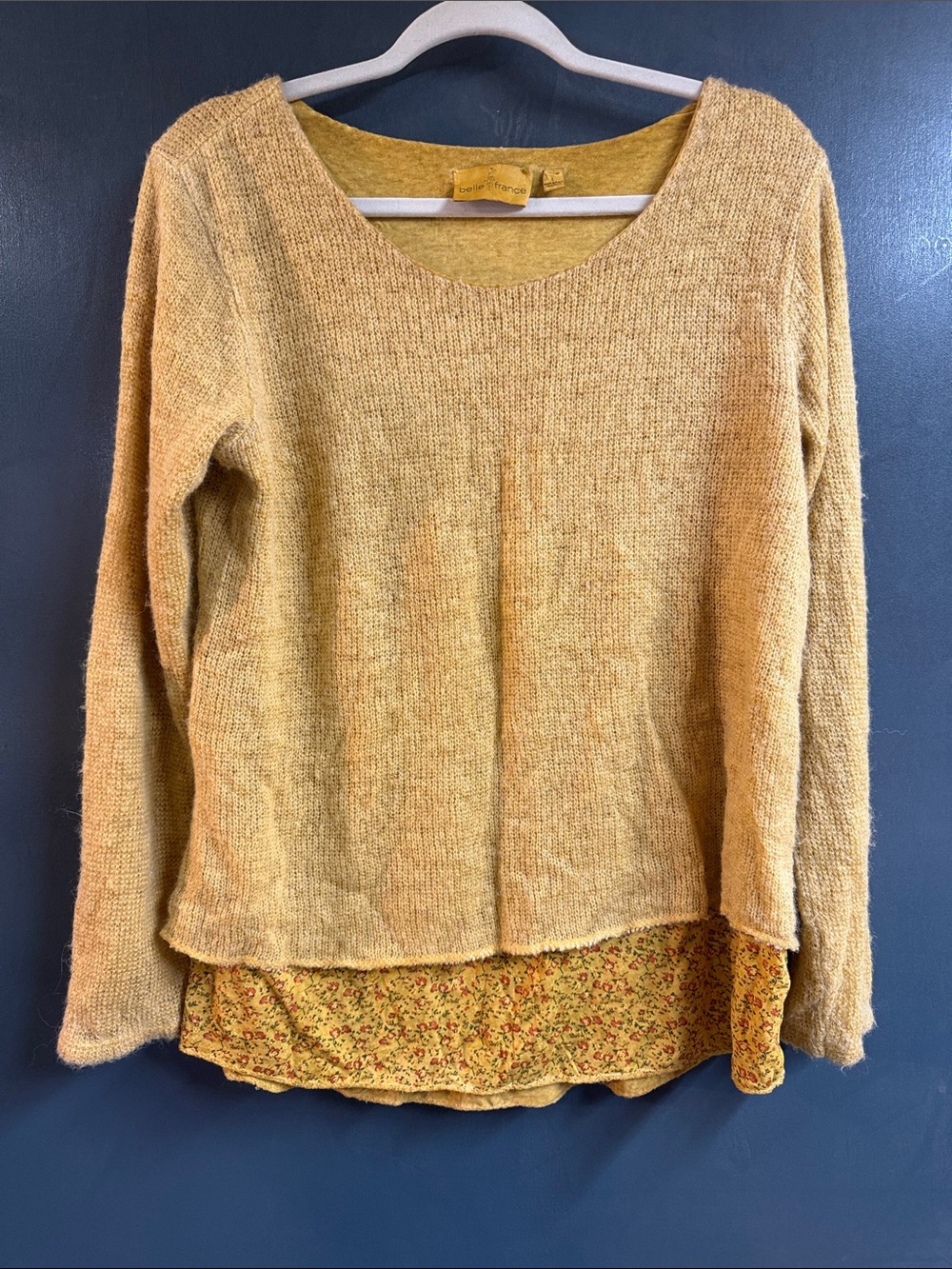 Elle Mustard Layered Scoop-Neck Sweater with Floral Hem